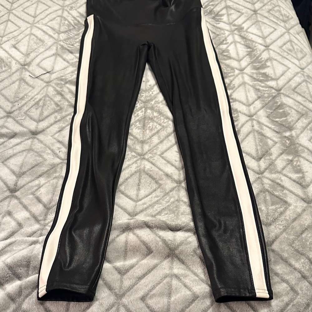 Black Faux Leather Leggings with White Stripes